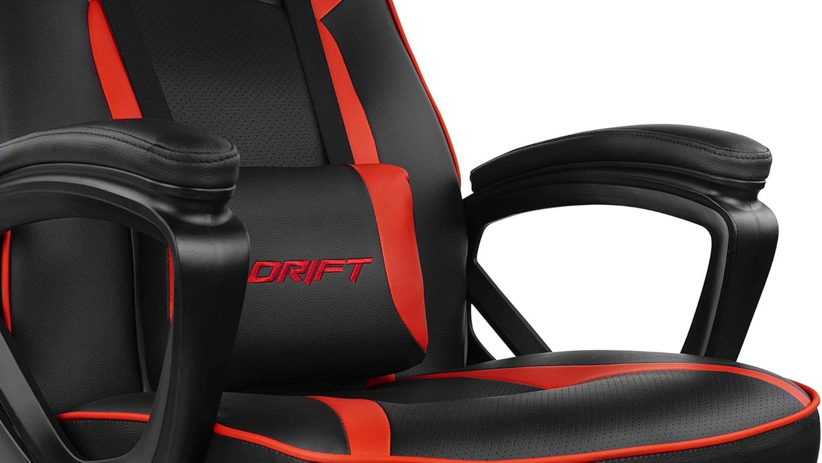 DRIFT GAMING Chair DR50 -DR50BR- Gamestoel, professioneel, in hoogte verstelbaar, tuimelstoel, gevoerde armleuningen, kunstleer, 67 x 122-131 x 67 cm, rood/zwart