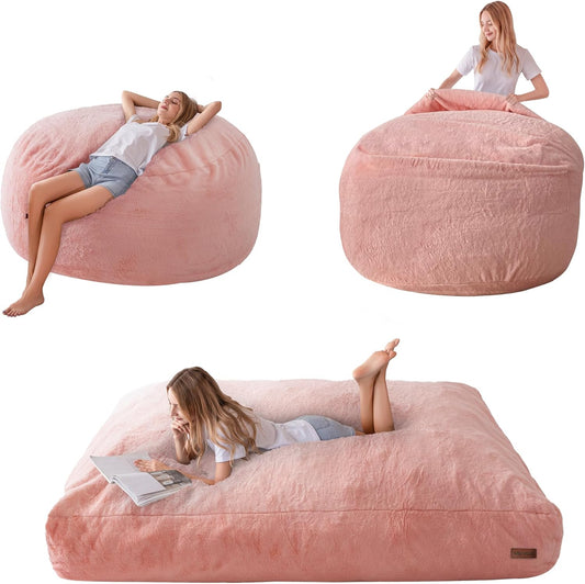 MAXYOYO Bean Bag Bed Convertible Bean Bag to Bed Foam Sofa with Shaggy Cover and Fluffy Filling for Adults, Teenagers and Guests (Pink, Double Bed)