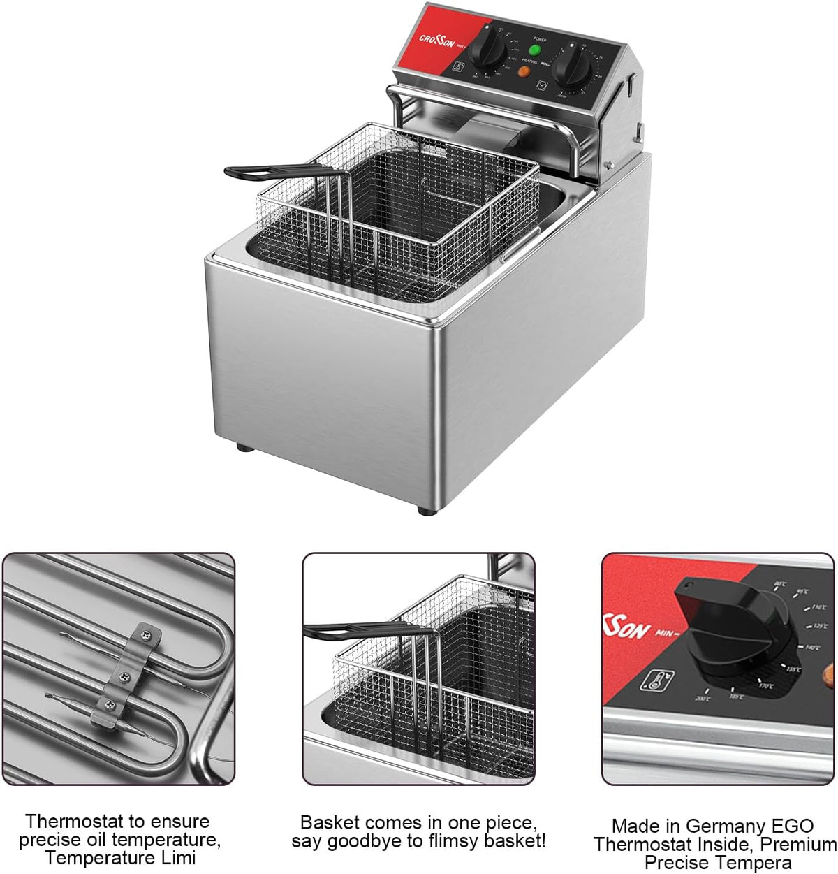 CROSSON Commerciële Roestvrijstalen Elektrische Friteuse,230V/3250W Professionele Elektrische Friteuse 8L met Temperatuurregeling 80-200°C
