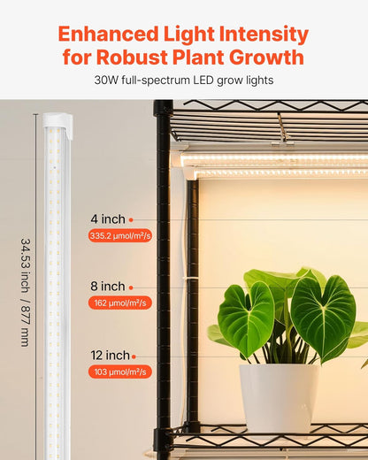 VEVOR Indoor Greenhouse with Grow Lights, Plant Stand with 4 Levels, Display Height 150 cm with Transparent Cover, Timer and Hygrometer, 180 W Full Spectrum Attachment Lights - QUORE