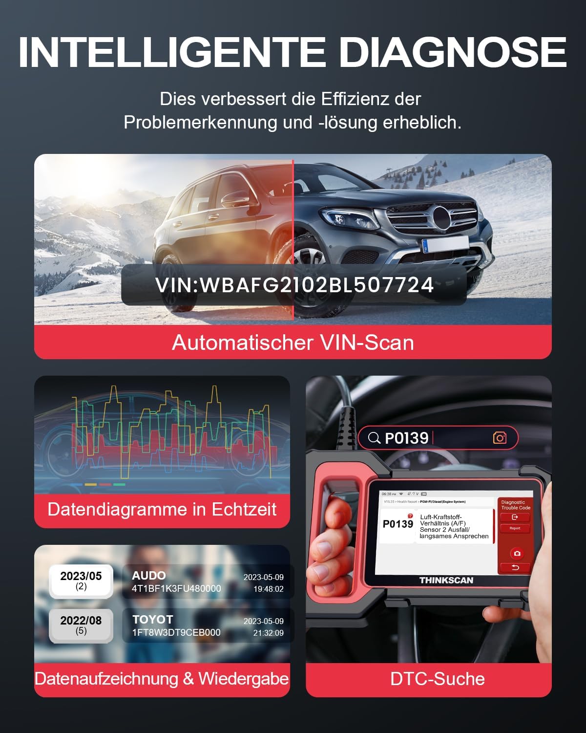 thinkcar OBD2 diagnoseapparaat, ThinkScan Plus S7 diagnoseapparaat auto met 7 systeemdiagnoses (ABS SRS ECM TCM BCM AC IC) en 5 resetfuncties, auto-diagnoseapparaat voor automatische VIN-scan