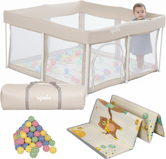Ground Box Baby - Foldable Playpen with Double-sided Play Mat & 50 Balls - Crawling Box - Children's Playpen - Playpen Baby - 125x125x65 CM - Beige (Beige) - QUORE