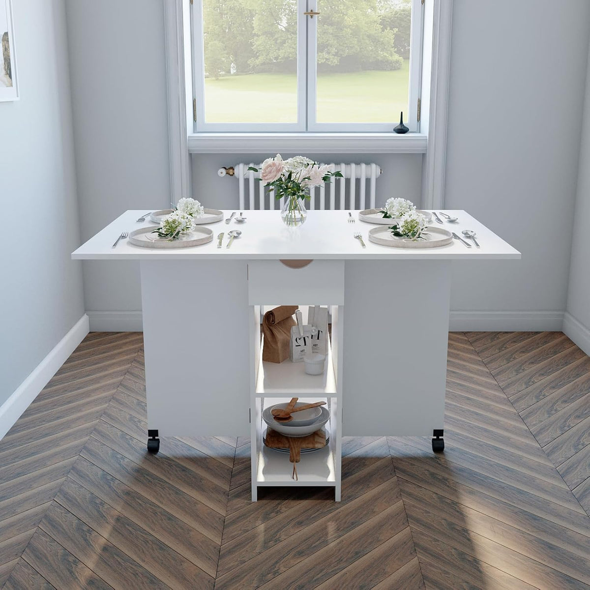 Mondeer Mobile Folding Table, Folding Dining Table, Suitable for Small Spaces with 1 Drawer and 2 Shelves for Dining Room and Kitchen, White H1071KT01WT 72 x 120 x 75 cm - QUORE