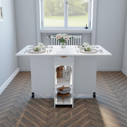 Mondeer Mobile Folding Table, Folding Dining Table, Suitable for Small Spaces with 1 Drawer and 2 Shelves for Dining Room and Kitchen, White H1071KT01WT 72 x 120 x 75 cm - QUORE