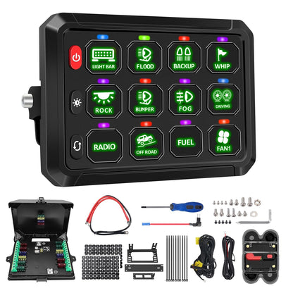 Chelhead Schakelpaneel met 12 versnellingen, 80 A, groene achtergrondverlichting, 4 verlichtingsmodi, uitschakelbaar, waterdicht, IP65, multifunctioneel 12 V schakelaar, paneel met geheugenfunctie