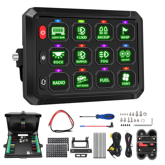 Chelhead Schakelpaneel met 12 versnellingen, 80 A, groene achtergrondverlichting, 4 verlichtingsmodi, uitschakelbaar, waterdicht, IP65, multifunctioneel 12 V schakelaar, paneel met geheugenfunctie