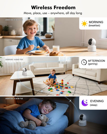 Indoor Camera 2.5K (4MP), Indoor Beveiligingscamera Draadloos met 6000mAh oplaadbare batterij, Dual-Band WiFi 2.4/5GHz, 360° Pan-Tilt, Kleur Nachtzicht, PIR Bewegingsdetectie, SD & Cloud Opslag