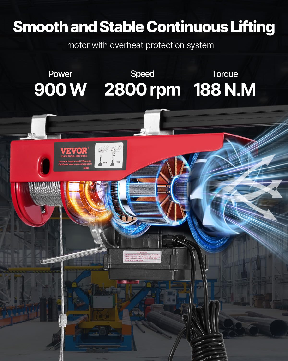VEVOR Electric Hoist with Double Cable, Max Load 600kg, Cable Remote Control 4.2m, Single Cable Lifting Height 12m, Pulley Emergency Stop, Jack for Garage, Warehouse, Factory