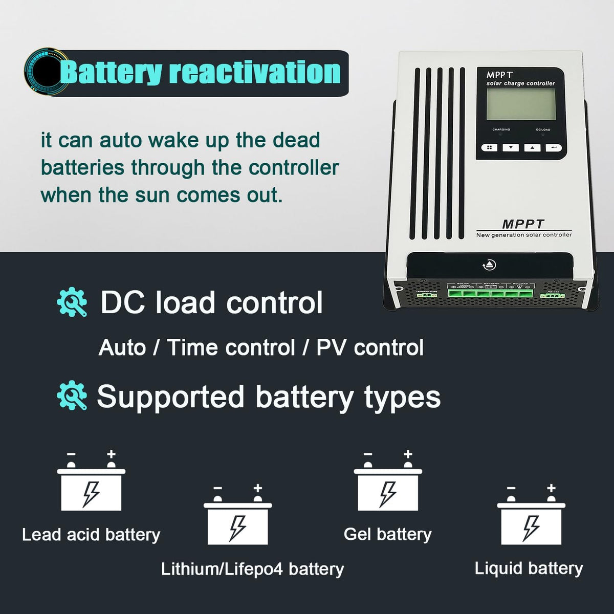 96V 65A MPPT zonnelader 48V 60V 72V Auto Wake Up Dead Battery DC180V PV-ingang 6600W voor off-gird zonnestelsel Verzegelde gel AGM overstroomde lithiumbatterij
