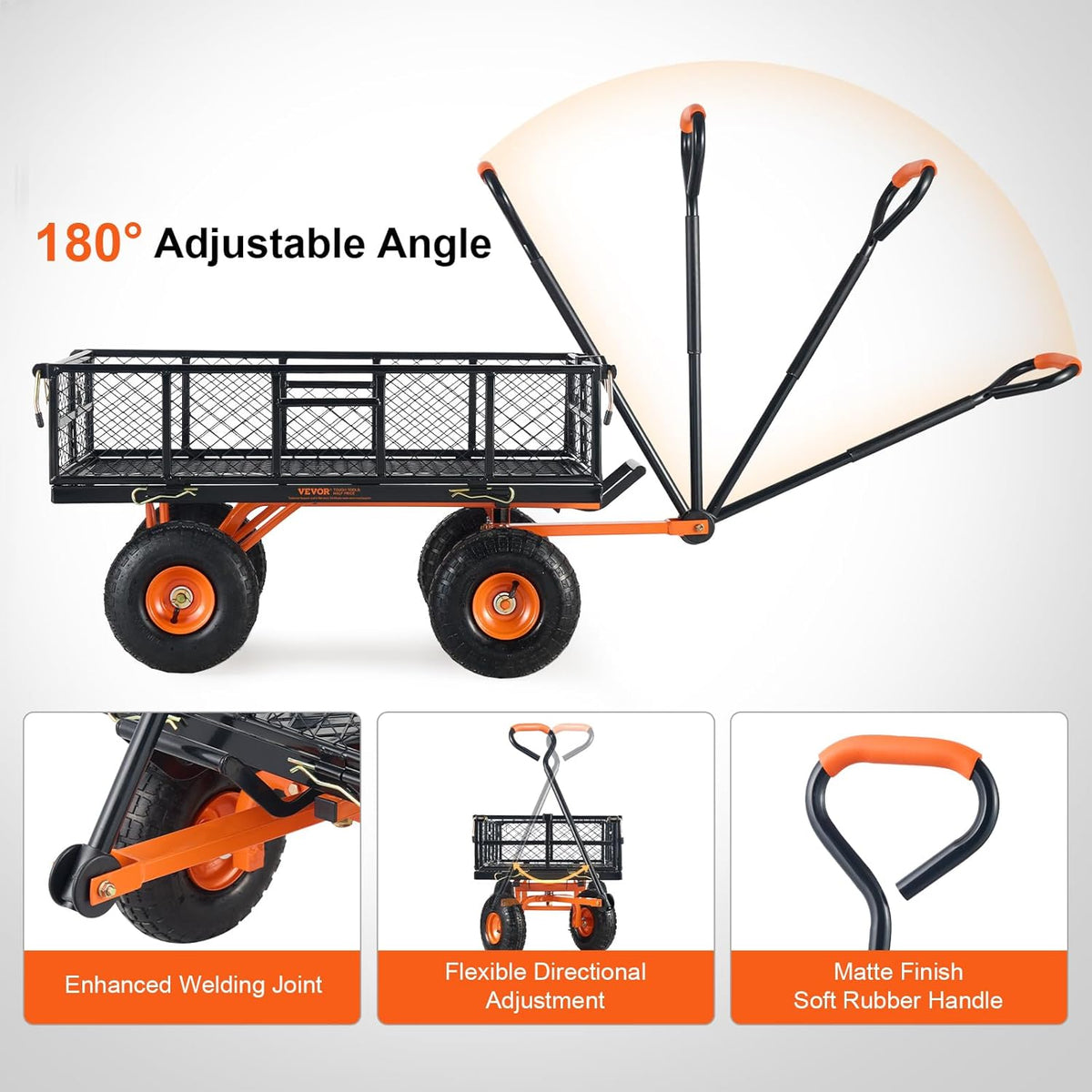 VEVOR Garden trolley made of metal with easy to assemble frame, tilting handcart with reversible 2-in-1 handle, multifunctional wheelbarrow with 180 kg load capacity, 25.5 cm tyres