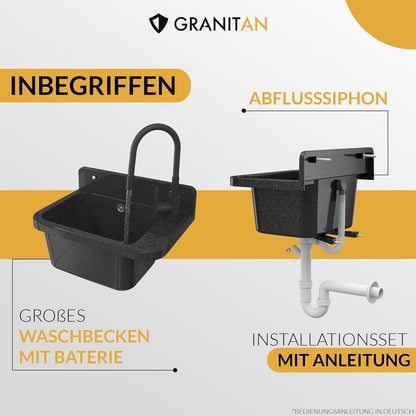 Granitan Gootsteen voor garage, kelder, werkplaats en waskeuken, universele wastafel met sifon, wastafel, wandmontage, 50 x 34 x 31 cm (zwart + wastafelarmatuur FLEX)