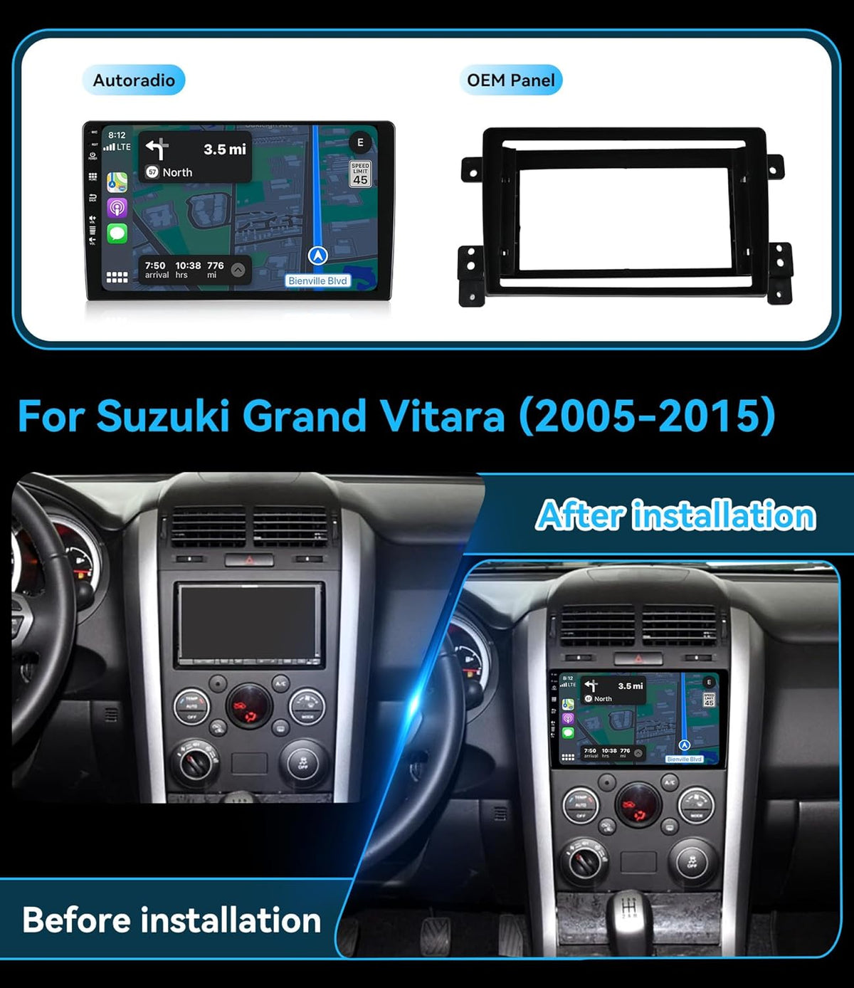 MSD [2G+64G] Autoradio Voor Suzuki Grand Vitara (2005-2015) | Android 15 GPS Navigation Radio | CarPlay Android Auto Stuurwiel DAB 4G Dual-Band WiFi DSP Bluetooth | Camera | 2 Din 9 Inch