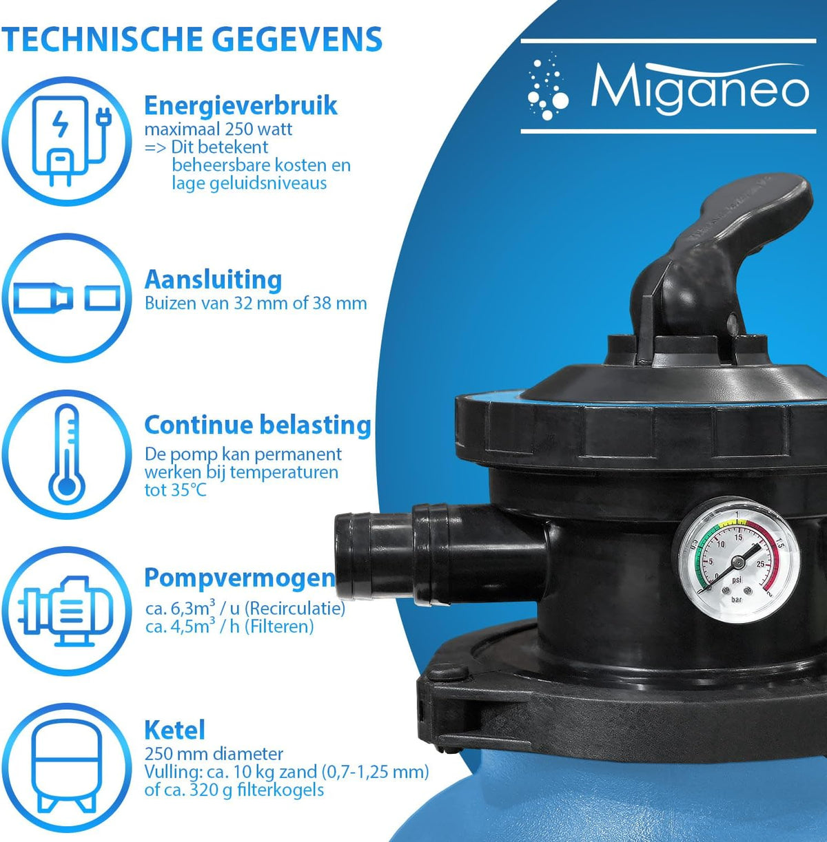 Miganeo® Speed Clean 7000 zandfilter met timer voor zwembad tot 19 m³ zelfzuigend (zwart, blauw, zilver) blauw