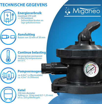 Miganeo® Speed Clean 7000 zandfilter met timer voor zwembad tot 19 m³ zelfzuigend (zwart, blauw, zilver) blauw