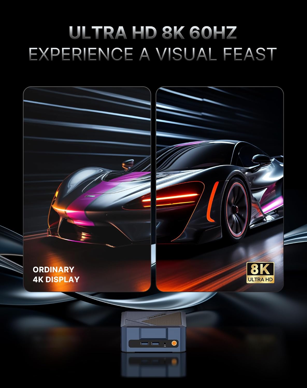 Mini PC A3 with Ryzen 7 8745HS (up to 4.9GHz), 32GB DDR5 (64GB MAX), 1TB SSD, Quad Screen Display, WiFi 6E, BT5.2/2.5G LAN. Ethernet Gaming/Design/Office/Environment. - QUORE