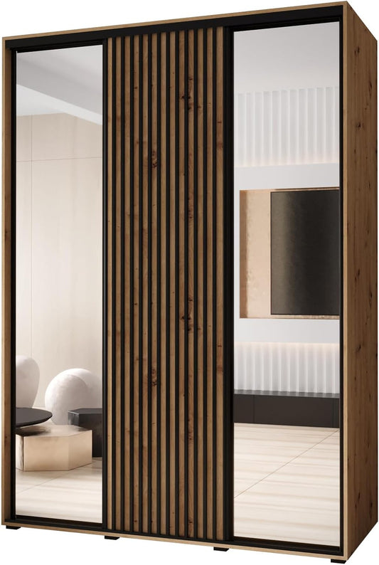 MEBLE KRYSPOL Lanko 2 Wardrobe with Three Sliding Doors with Mirror, Rod, Shelves - Modern Storage Cabinet for Bedroom, Living Room - 235x180x60cm - Craft Black - QUORE