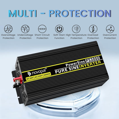 novopal Power Inverter Pure Sinusgolf-3000 Watt 24V DC naar 230V/240V AC Converter-2AC EU Outlets Car Inverter met Dua USB Ports-5 Meter Afstandsbediening en Twee Koelventilatoren-Peak Power 6000 Watt