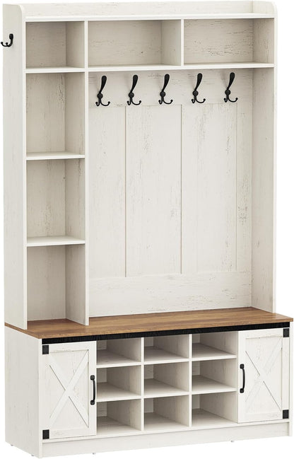 Hzuaneri Hallway tree, LED storage space and coat rack in wood, hall furniture with 7 hooks, hallway tree with bench and storage space, shoe bench with 6 storage compartments, rustic white HT24614XEU