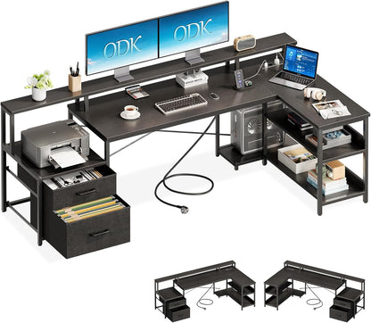 ODK Desk with Drawers, 480 × 100 cm, Large Reversible Corner Desk with 2 USB Charging Ports and 2 Sockets, Gaming Desk for Home Workplace, Black - QUORE