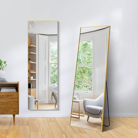 WOLIBEER Volledige spiegel, 147 x 44 cm, rechthoekige full-body spiegel met goudkleurig aluminium frame, wandspiegel, staande spiegel voor slaapkamer, kleedkamer, fitnessstudio, hal
