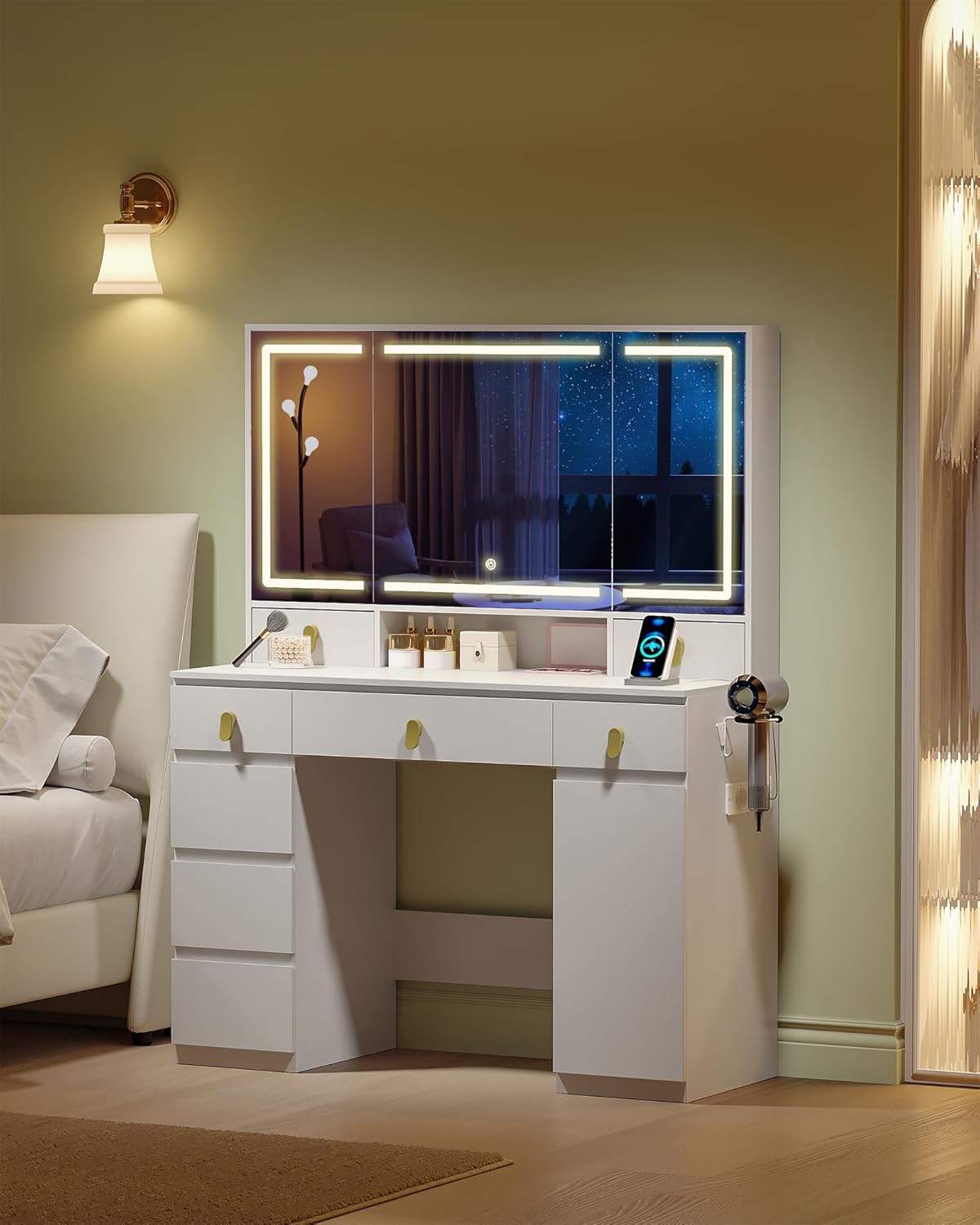 Hzuaneri Large Dressing Table with Mirror, Dressing Table with LED Lighting, with Power Strip and Hair Holder, 3 Colours, Adjustable Brightness, 8 Drawers, 1 Storage Cabinet, White DT42003XEU