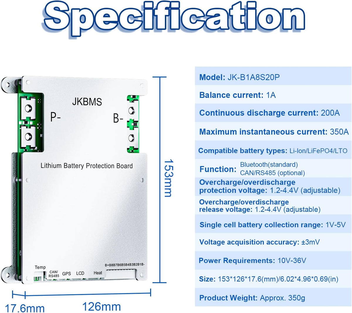 JKBMS Smart BMS 4S-8S 12V-24V 200A 1A met Bluetooth, RS485 en Actieve Balancering voor Li-Ion, LiFePO4 en LTO Batterij Bescherming (JK-B1A8S20P)