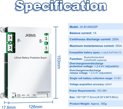 JKBMS Smart BMS 4S-8S 12V-24V 200A 1A met Bluetooth, RS485 en Actieve Balancering voor Li-Ion, LiFePO4 en LTO Batterij Bescherming (JK-B1A8S20P)
