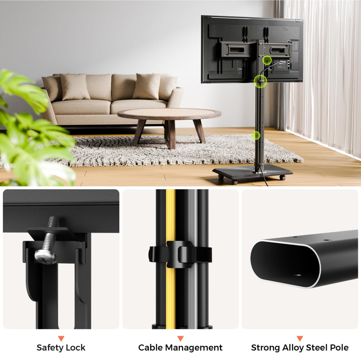 Mobiele tv-kar rollende tv-standaard voor schermen van 26-70 inch, mobiele tv-kar voor maximaal 80 lbs, 25° draaibaar met 6 niveaus van hoogteverstelling voor optimaal zicht, tv-standaards voor