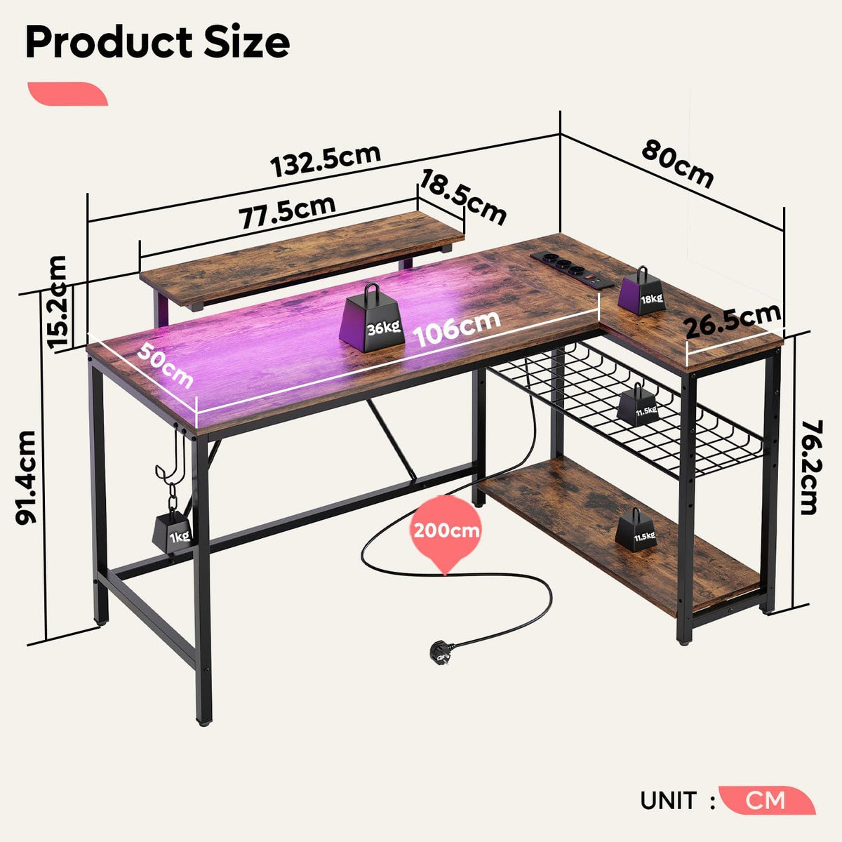 Bestier L-vormig hoekbureau met stopcontacten en ledverlichting, omkeerbare computertafel met planken en haken, compact bureau voor thuiskantoor (houtnerfbruin, 132 cm)