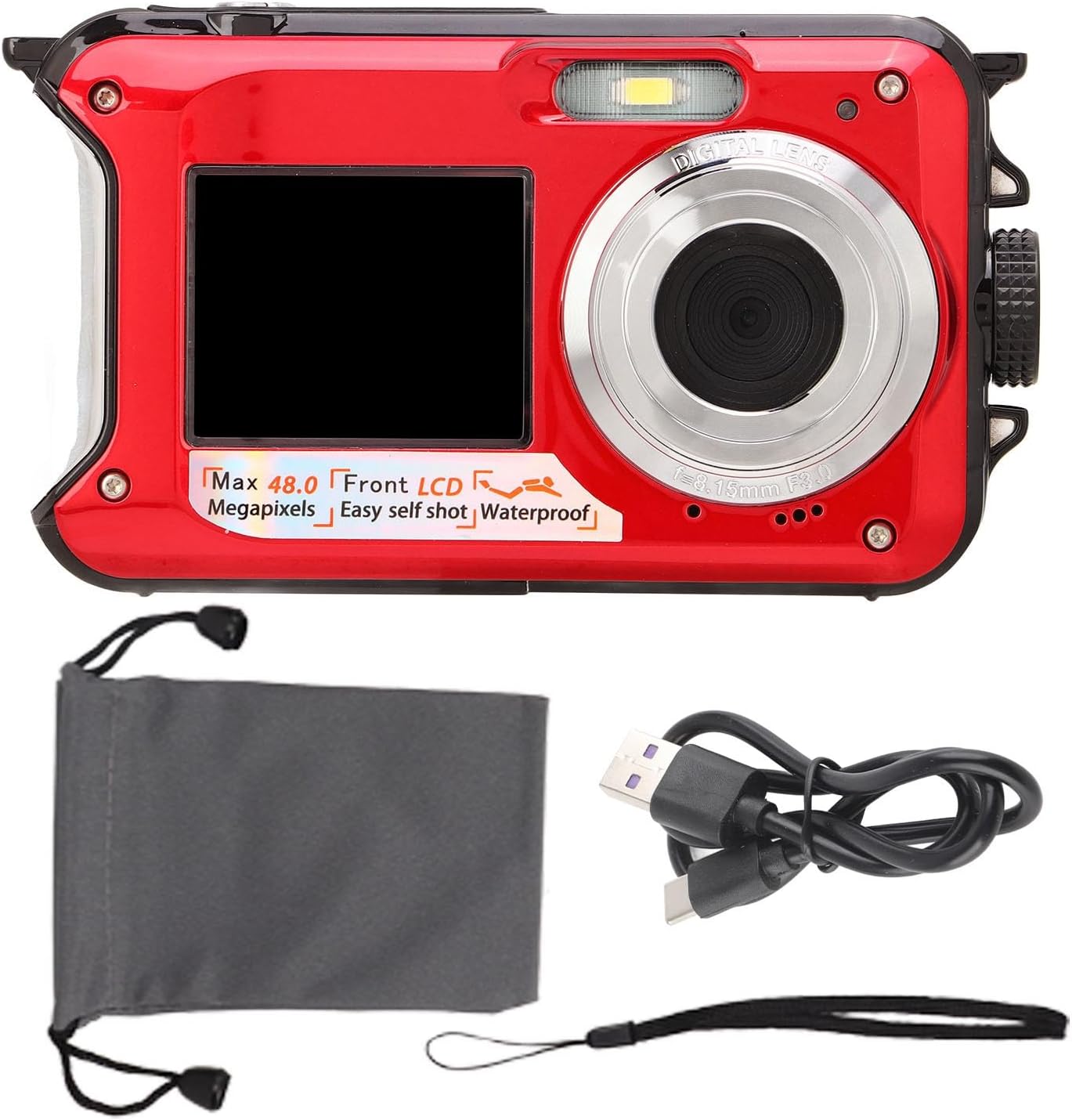 Onderwatercamera, 2,7 K 48MP 10ft Waterdichte Digitale Camera, 16X Digitale Zoom, Dubbele Scherm Selfie Onderwatercamera voor Snorkelen (rood)