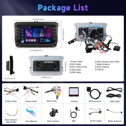 4G & 64G 7" autoradio Bluetooth voor VW Golf 5 6 Polo Passat Skoda Touran Seat Draadloos Carplay Android Auto, WiFi GPS Navi HiFi RDS/FM Radio 2 din met AHD achteruitrijcamera/DVR/Canbus