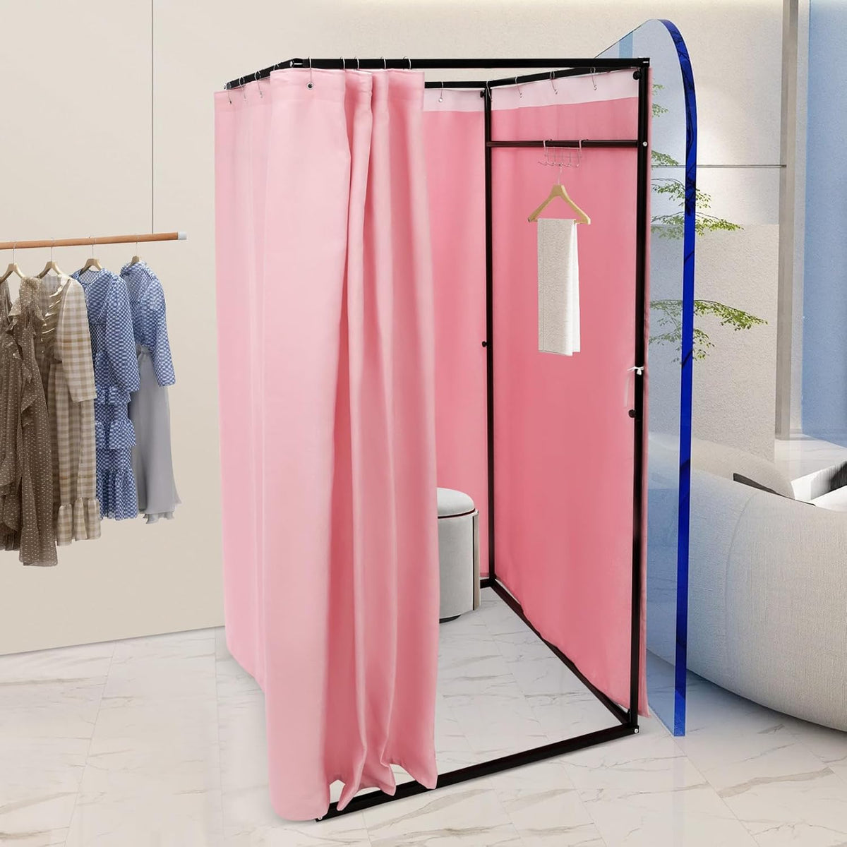 OUKANING Portable Dressing Cabin 100 x 100 x 200 cm, Load Capacity 30-35 kg, Movable Dressing Room, Freestanding, Removable and Opaque, for 3-4 People (Pink) - QUORE