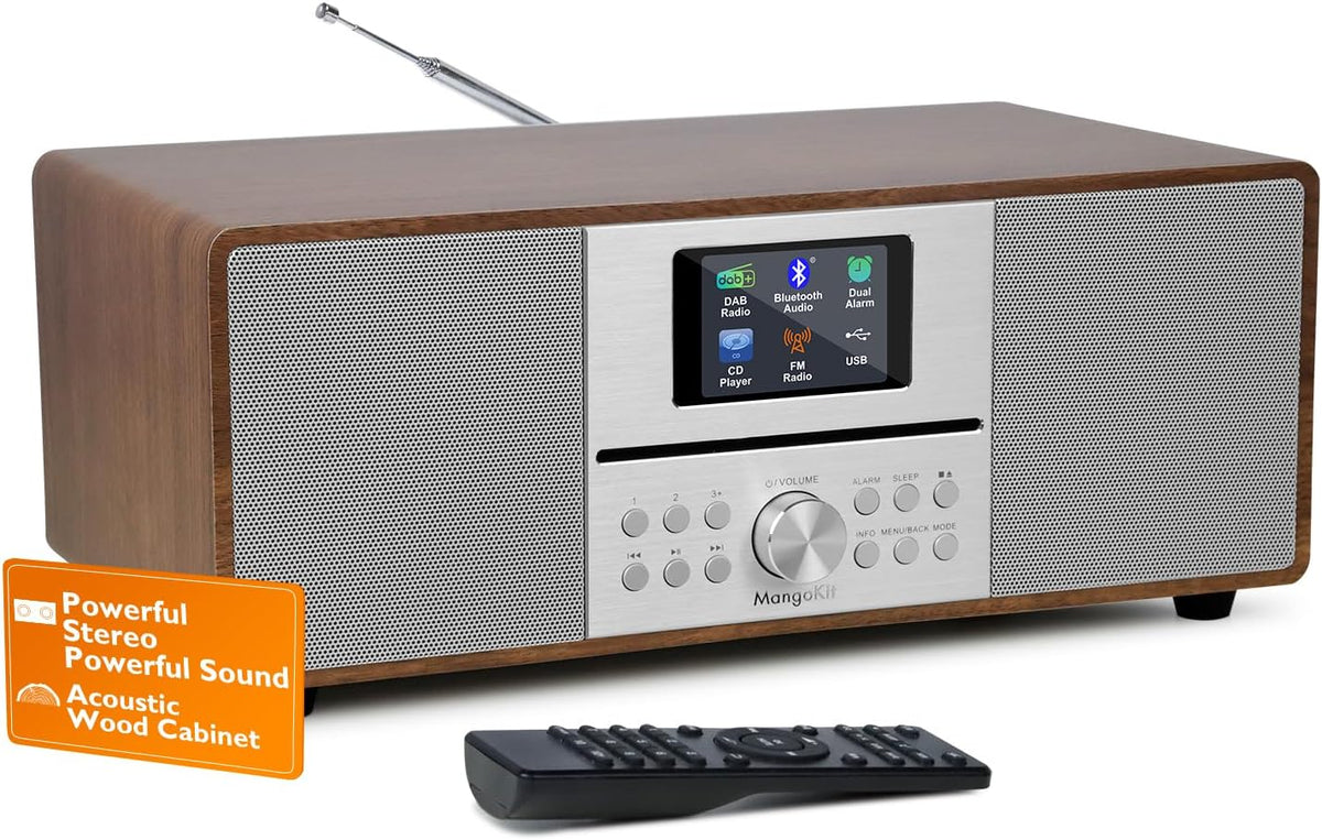 MS4 CD-speler DAB Radio Hifi Systeem,Bluetooth, Krachtige Stereo Systeem,Digitale Radio DAB+,Akoestische Houten Kast,CD Speler Met Speakers,40 Presets,Hoofdtelefoon Jack,Walnoot Finish