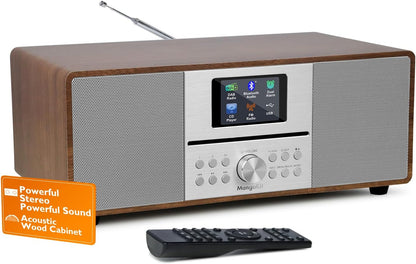 MS4 CD-speler DAB Radio Hifi Systeem,Bluetooth, Krachtige Stereo Systeem,Digitale Radio DAB+,Akoestische Houten Kast,CD Speler Met Speakers,40 Presets,Hoofdtelefoon Jack,Walnoot Finish