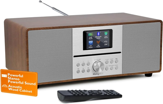 MS4 CD-speler DAB Radio Hifi Systeem,Bluetooth, Krachtige Stereo Systeem,Digitale Radio DAB+,Akoestische Houten Kast,CD Speler Met Speakers,40 Presets,Hoofdtelefoon Jack,Walnoot Finish