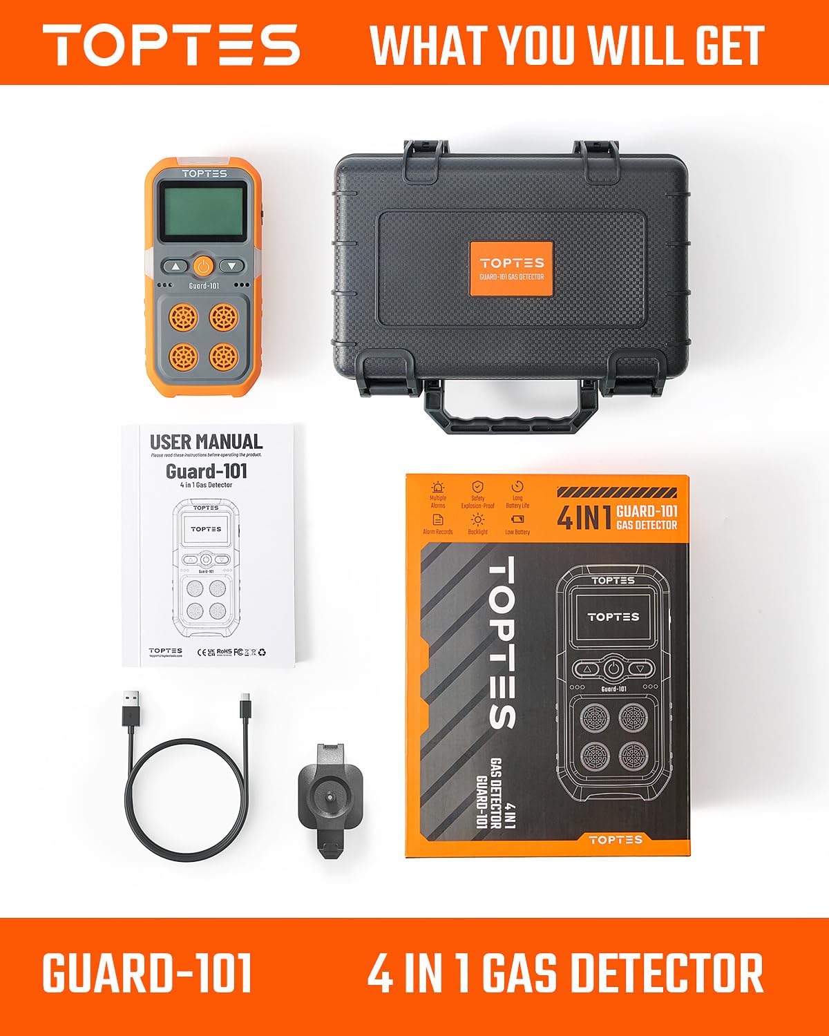 TopTes Guard-101 4 Gasmonitor Multi Gasdetector voor H2S, CO, LEL en O2, met trillingen, visuele en hoorbare alarmen, 14 uur lange batterijduur, explosiebestendige veiligheid, gasmonitor voor werk