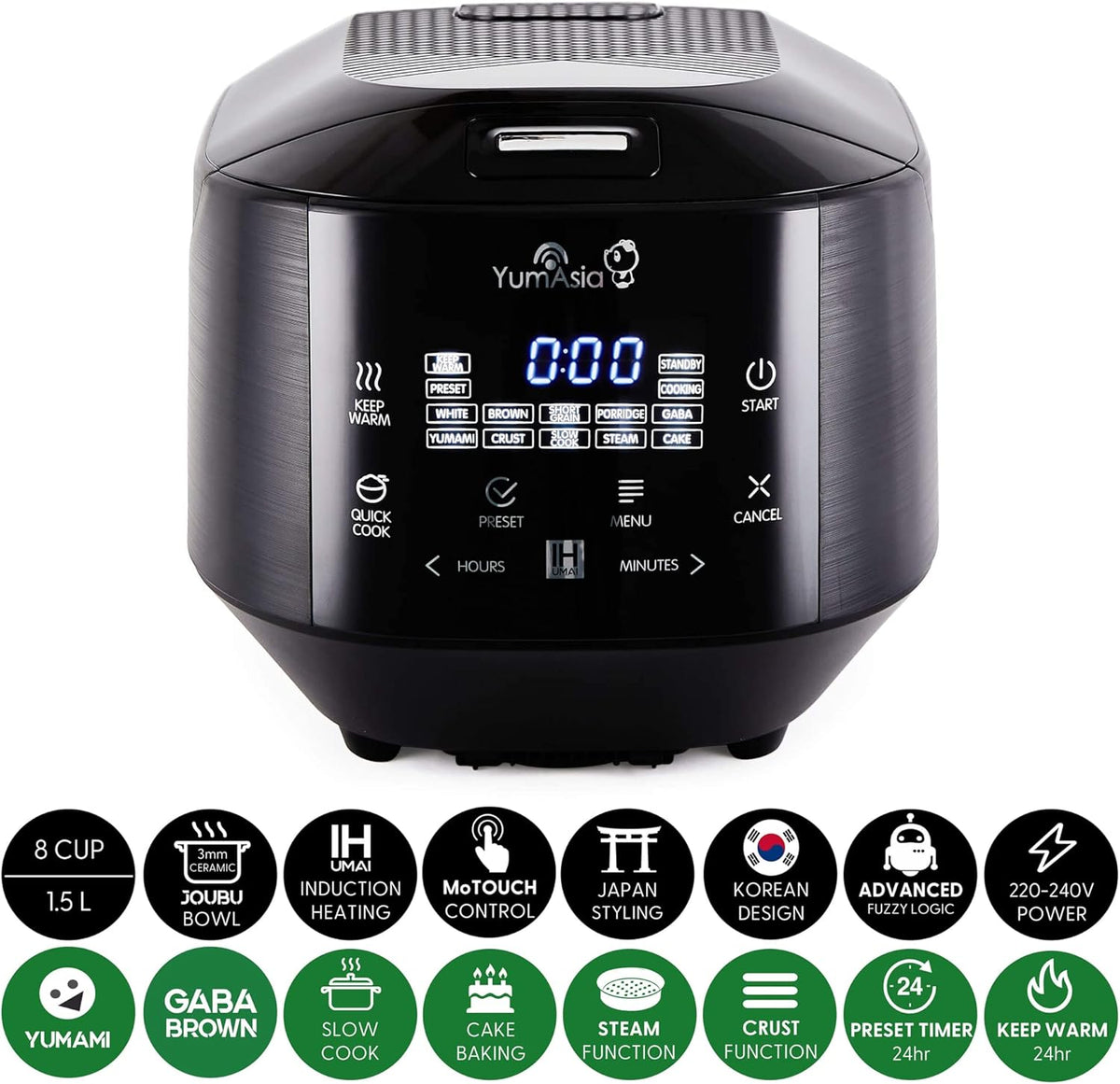 Yum Asia Bamboo rijstkoker met inductieverwarming (IH) en keramische schaal, 7 rijstkookfuncties, 4 multikookfuncties, Motouch led-display (1,5 liter) 220-240V Europa Power (antracietzwart)