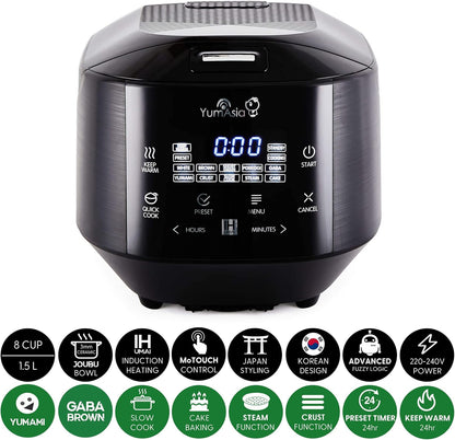 Yum Asia Bamboo rijstkoker met inductieverwarming (IH) en keramische schaal, 7 rijstkookfuncties, 4 multikookfuncties, Motouch led-display (1,5 liter) 220-240V Europa Power (antracietzwart)
