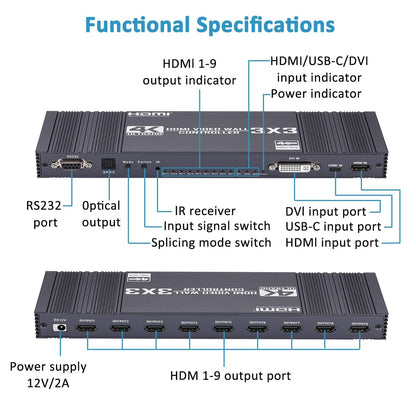 Video Wall Controller 3x3, TV Wall Processor, 4K @30Hz HDMI multi-screen Splicing Processor met HDMI + DVI + USB C input, ondersteuning 13 displaymodi 3x2 2x3 2x2 4x2 2x4 enz
