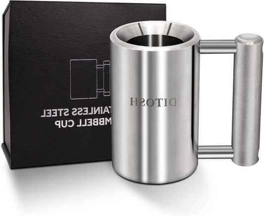 4kg/8.8lb Heavy Coffee Mug Challenge 304 Stainless Steel Dumbbell Cups Silver Overweight Sports Water Cup for Fitness Training Arm Strength Prank Gift Home Gym Workout Equipment 100ml/3.4oz - QUORE