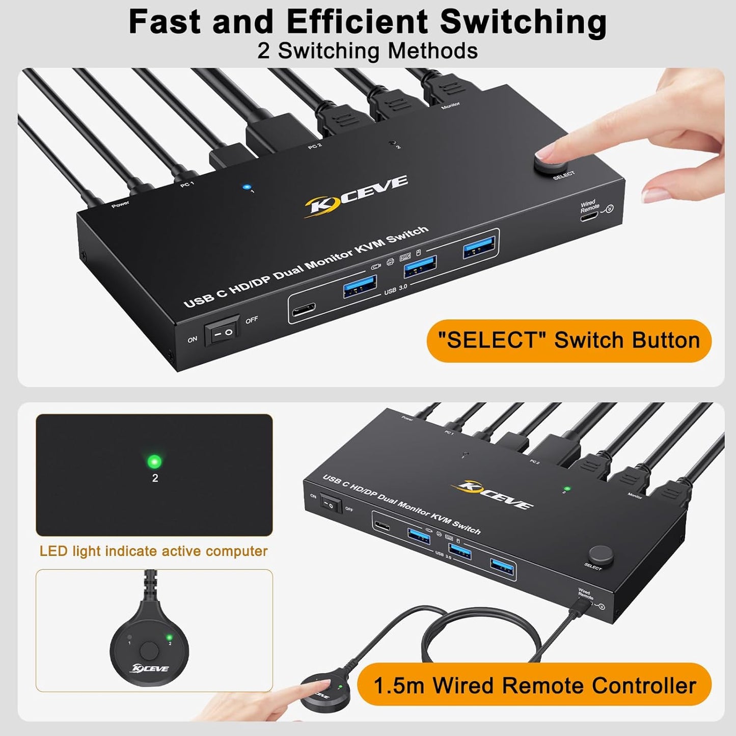 KVM Switch 2 PC 2 monitoren USB C, KVM Switch Dual Monitor voor Laptop & PC, USB 3.0 MST Dual 4K @60Hz, PD 60W voor laptop, HDMI DP KVM-switches USB C, met bedrade afstandsbediening