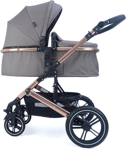 Pixini Neyla Combi kinderwagen met stoffen kuip, buggy, luiertas, drankhouder, regenzeil, muggennet, aankleedkussen (goud/bruin)