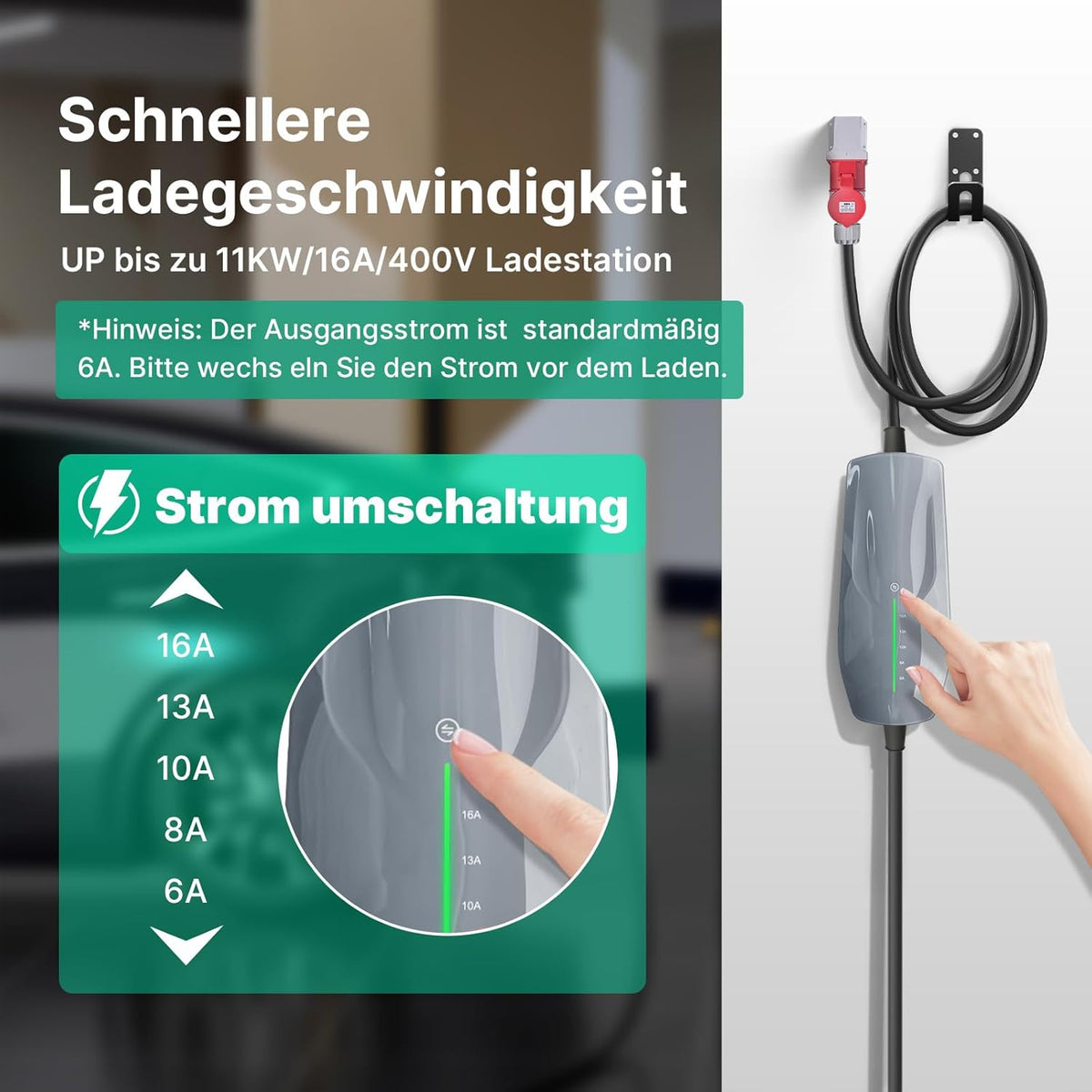 Type 2 oplaadkabel 11 KW EV oplader met CEE-stekker, [6-16A] driefasige mobiele Wallbox laadstation voor elektrische voertuigen EVSE, IEC 62196-2, 6 meter