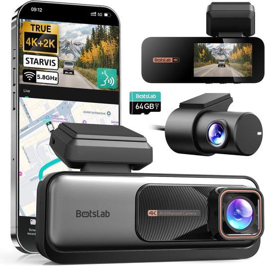BOTSLAB 4K STARVIS Dashcam Auto voor en achter, wifi-autocamera, dashcam met GPS, ADAS, spraakbediening, gratis 64 GB kaart, nachtzicht, WDR, 2,45 inch IPS, 24/7 parkeerbewaking, loop-opname