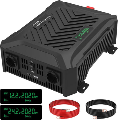 Omvormer 12V/24V Naar 230V – Spanningsomvormer – Zuivere Sinus Omvormer – Inverter – DC Naar AC Omvormer – Automatische 12V/24V Detectie – 2000W Continu, 4000W Piekvermogen