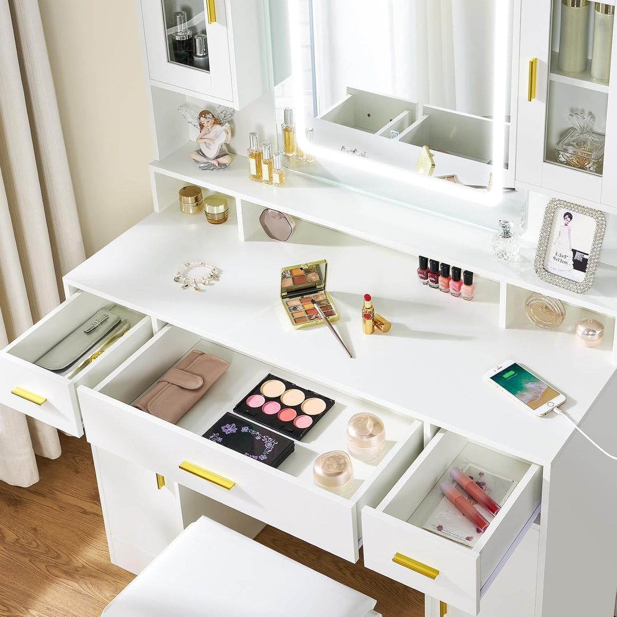 ANWBROAD Large White Dressing Table with Mirror and Lighting Modern 3 Colors Brightness Adjustable 4 Cabinets 3 Drawers 150x100x40cm BDT66W - QUORE