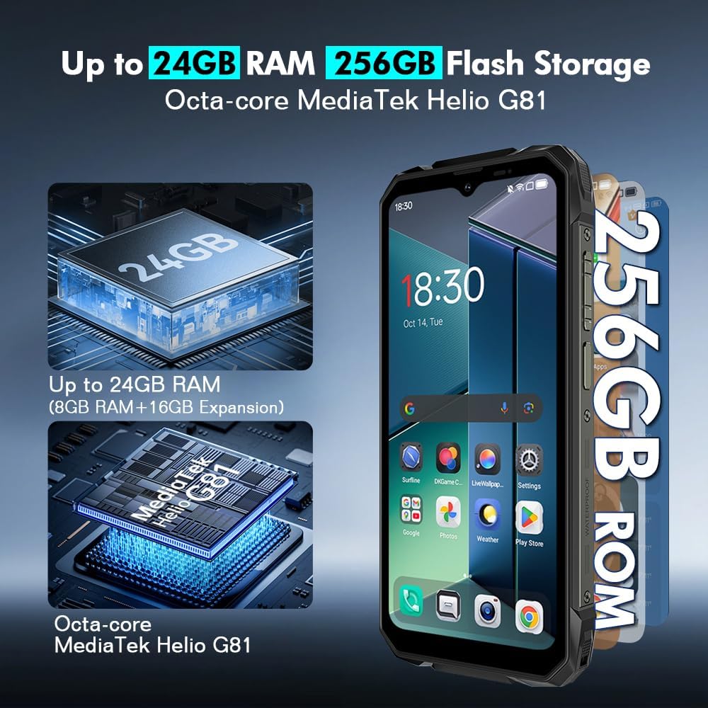 Blackview Rock 1 Android 16 Outdoor mobiele telefoon zonder abonnement, 24GB + 256GB/2TB Outdoor Smartphone Gemini AI, 15000mAh, 20MP + 16MP, 6,56" HD+ Dual Pantalla, IP68 waterdichte