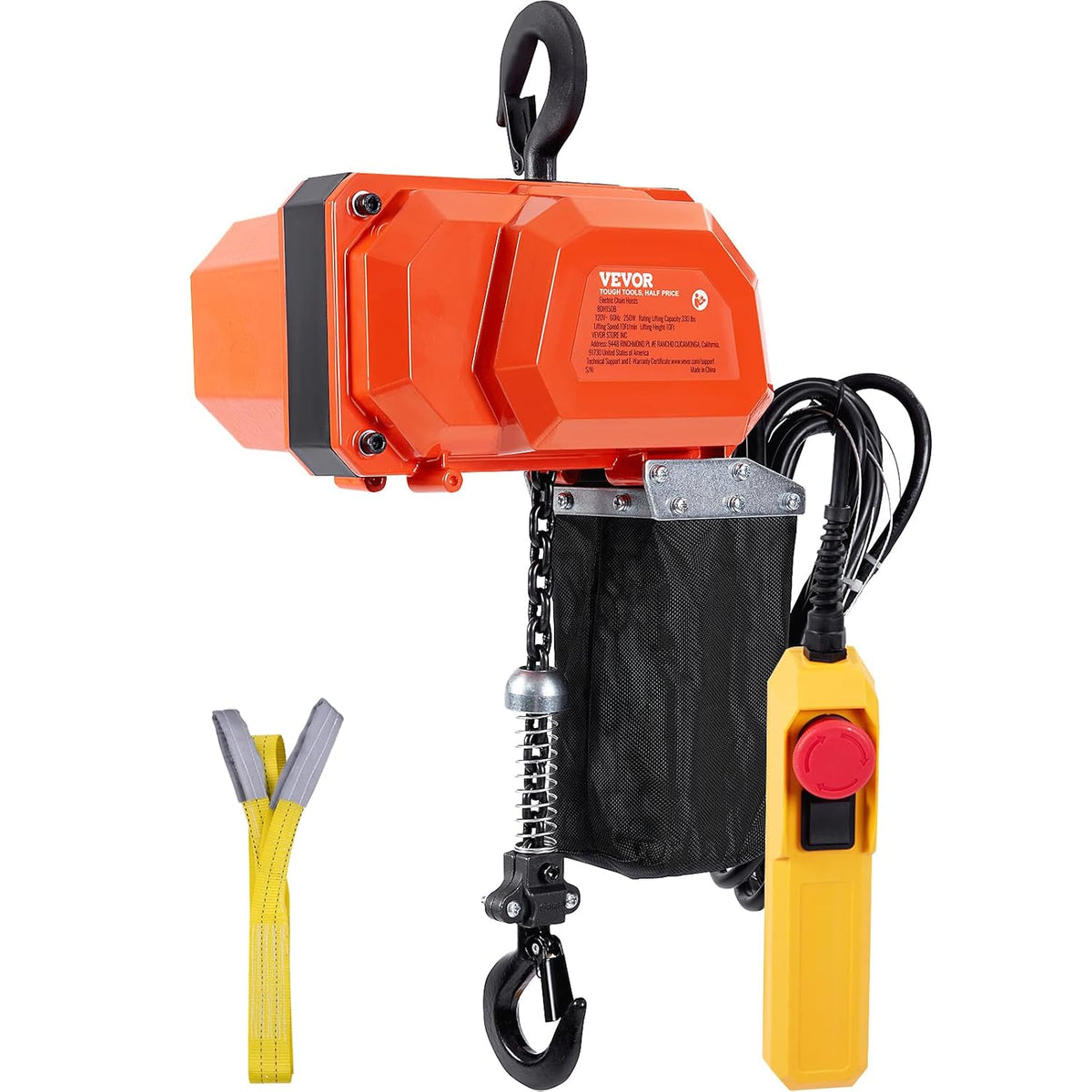 VEVOR Elektrische kettingtakel, 149,7 kg draagkracht, 3 m hefhoogte, 2,3 m/min snelheid, 1-fase elektrische lier met G80-ketting, 3 m kabelafstandsbediening, voor garage, winkel, hotel, thuis