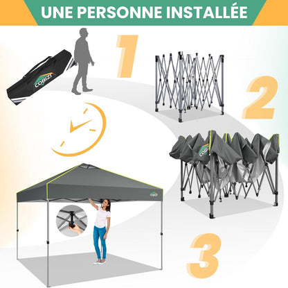 cobizi Paviljoen, 3x3 vouwpaviljoen, waterdicht, winterbestendig, centrale vergrendeling met één knop, partytent, opvouwbaar, anti-uv met fluorescerende strepen, 4 zijwanden, 3 hoogteverstelbaar,