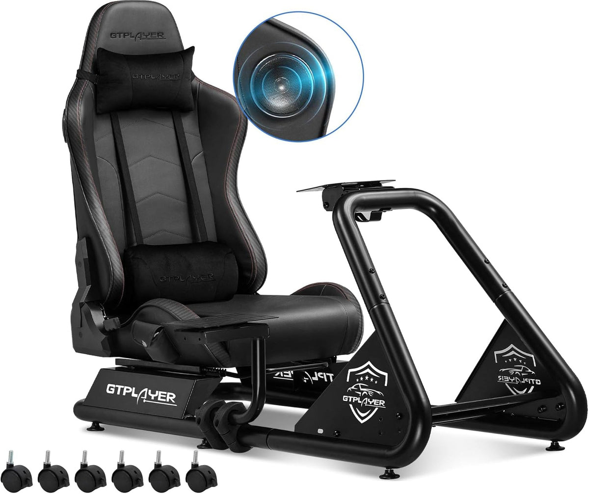 GTPLAYER Simulator Cockpit, SIM Racing Cockpit, racing simulator steering wheel stand with speakers, steering wheel and pedal rest - QUORE